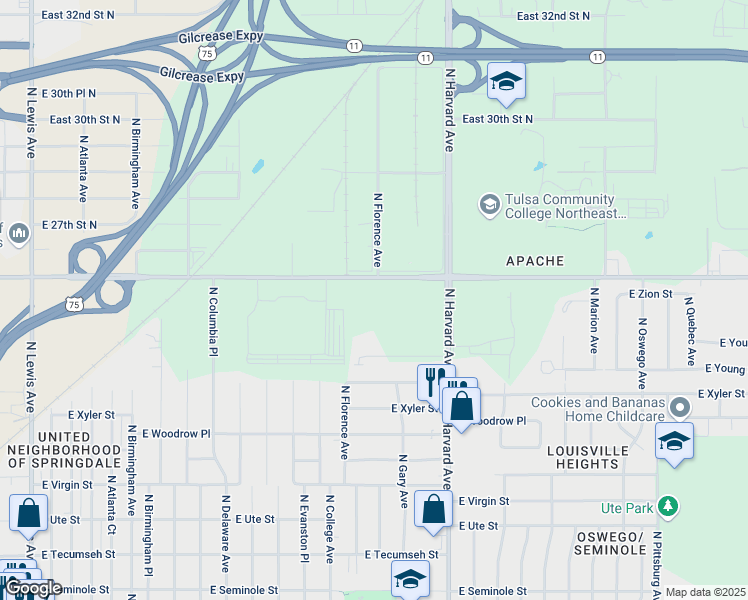 map of restaurants, bars, coffee shops, grocery stores, and more near 3102 East Apache Street in Tulsa