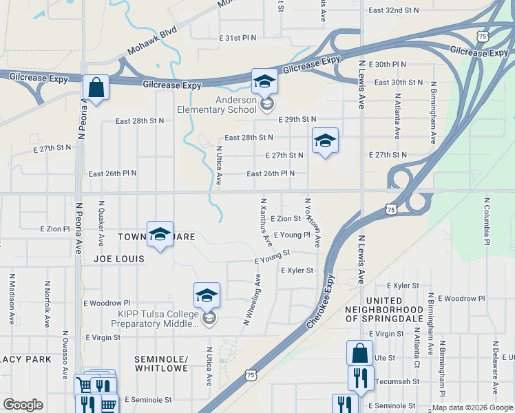 map of restaurants, bars, coffee shops, grocery stores, and more near 2511 North Xanthus Avenue in Tulsa