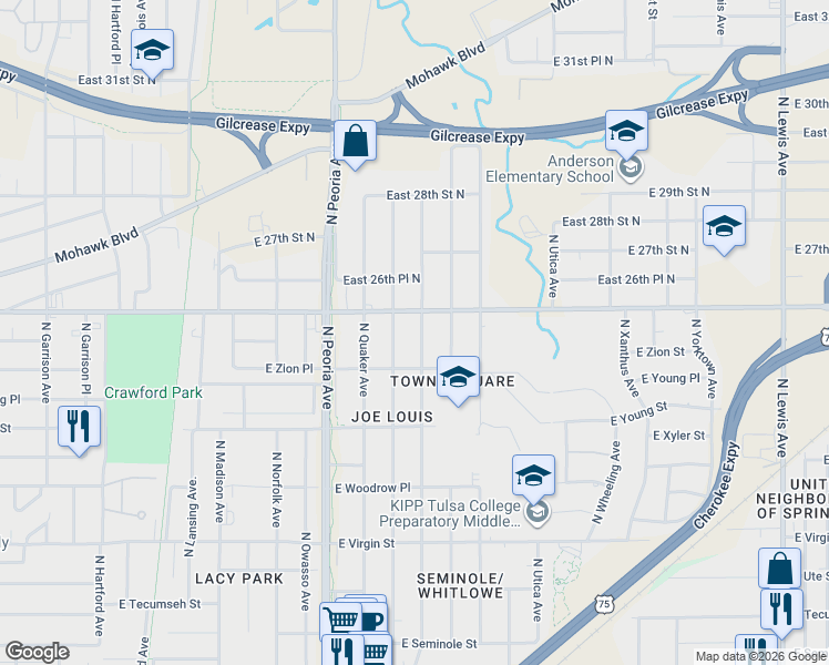map of restaurants, bars, coffee shops, grocery stores, and more near 2521 North Quincy Avenue in Tulsa