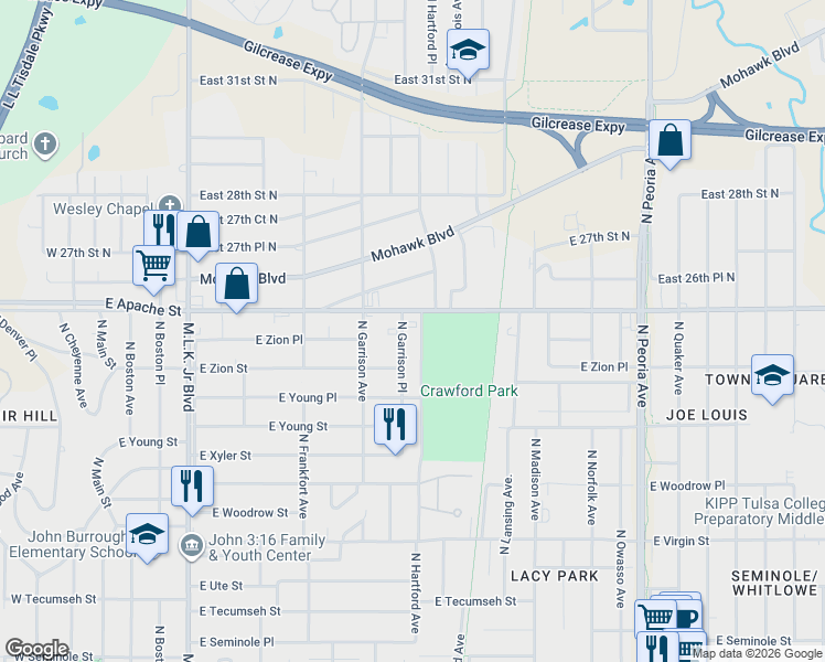 map of restaurants, bars, coffee shops, grocery stores, and more near 2529 North Garrison Place in Tulsa