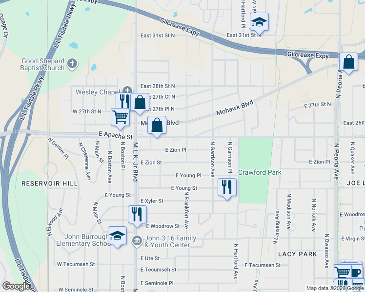 map of restaurants, bars, coffee shops, grocery stores, and more near 346 East Zion Place in Tulsa