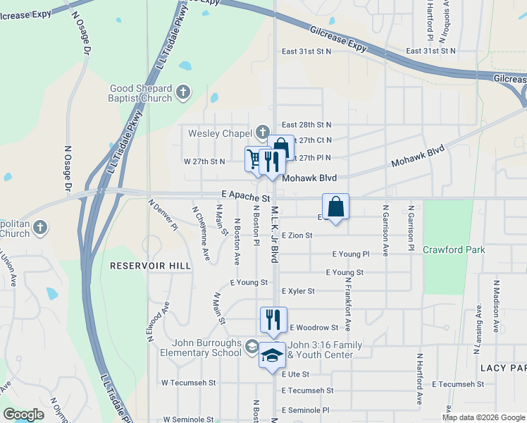 map of restaurants, bars, coffee shops, grocery stores, and more near 2524 North Cincinnati Avenue in Tulsa