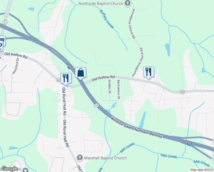 map of restaurants, bars, coffee shops, grocery stores, and more near 884 Old Hollow Road in Winston-Salem