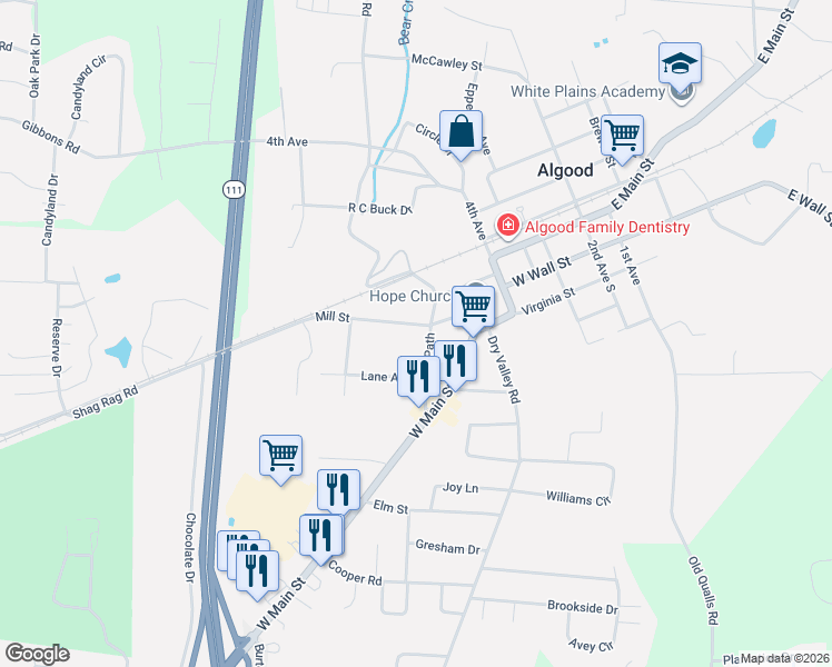 map of restaurants, bars, coffee shops, grocery stores, and more near 130 Lane Avenue in Cookeville