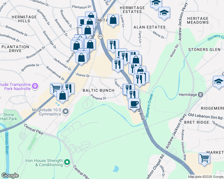 map of restaurants, bars, coffee shops, grocery stores, and more near in Nashville