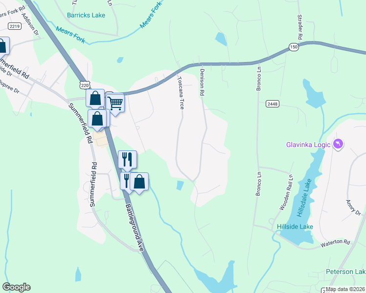 map of restaurants, bars, coffee shops, grocery stores, and more near 7029 Denison Road in Summerfield
