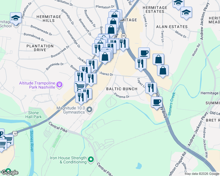 map of restaurants, bars, coffee shops, grocery stores, and more near 6016 Panama Drive in Nashville
