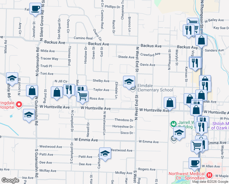 map of restaurants, bars, coffee shops, grocery stores, and more near 501 Elmdale Lane in Springdale