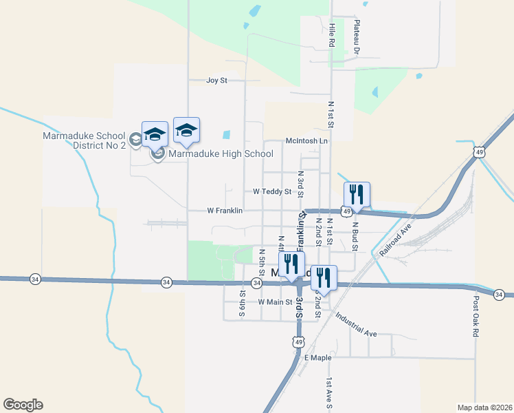 map of restaurants, bars, coffee shops, grocery stores, and more near 207 West Franklin Street in Marmaduke
