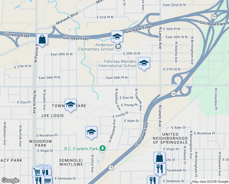 map of restaurants, bars, coffee shops, grocery stores, and more near 2511 North Xanthus Avenue in Tulsa