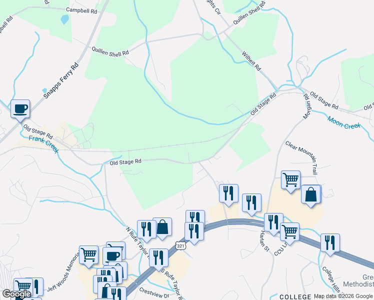 map of restaurants, bars, coffee shops, grocery stores, and more near 875 Old Stage Road in Greeneville
