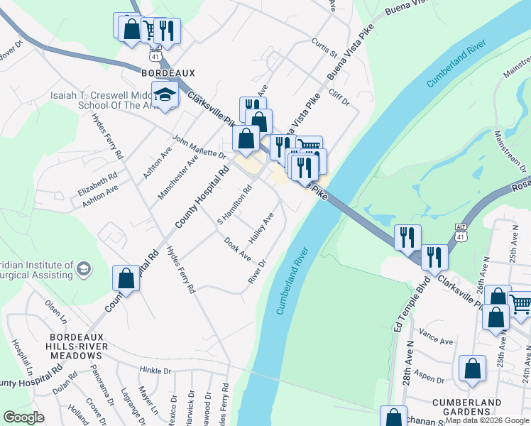 map of restaurants, bars, coffee shops, grocery stores, and more near 1905 Hailey Avenue in Nashville