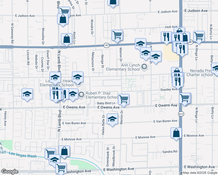 map of restaurants, bars, coffee shops, grocery stores, and more near 4622 Little Wren Lane in Las Vegas