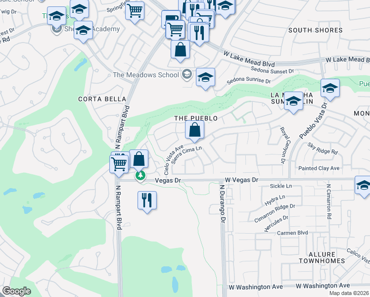 map of restaurants, bars, coffee shops, grocery stores, and more near 8521 Sierra Cima Lane in Las Vegas