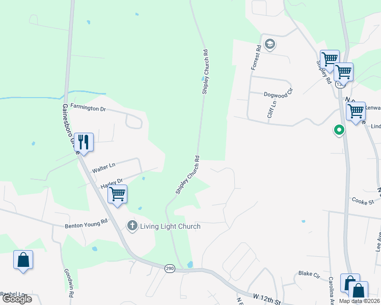 map of restaurants, bars, coffee shops, grocery stores, and more near 1782 Shipley Church Road in Cookeville
