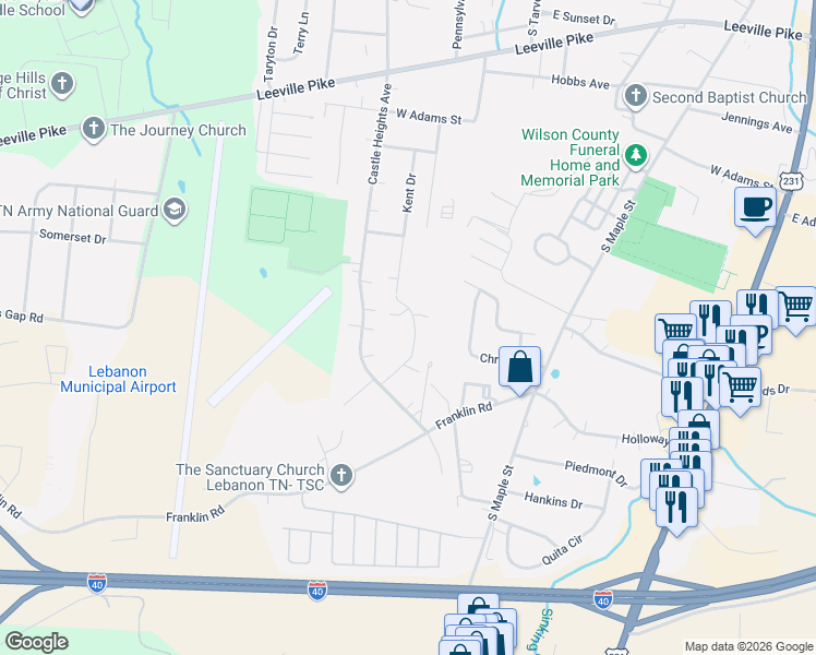 map of restaurants, bars, coffee shops, grocery stores, and more near 122 Castlewood Lane in Lebanon