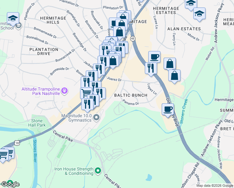 map of restaurants, bars, coffee shops, grocery stores, and more near 6016 Panama Drive in Nashville