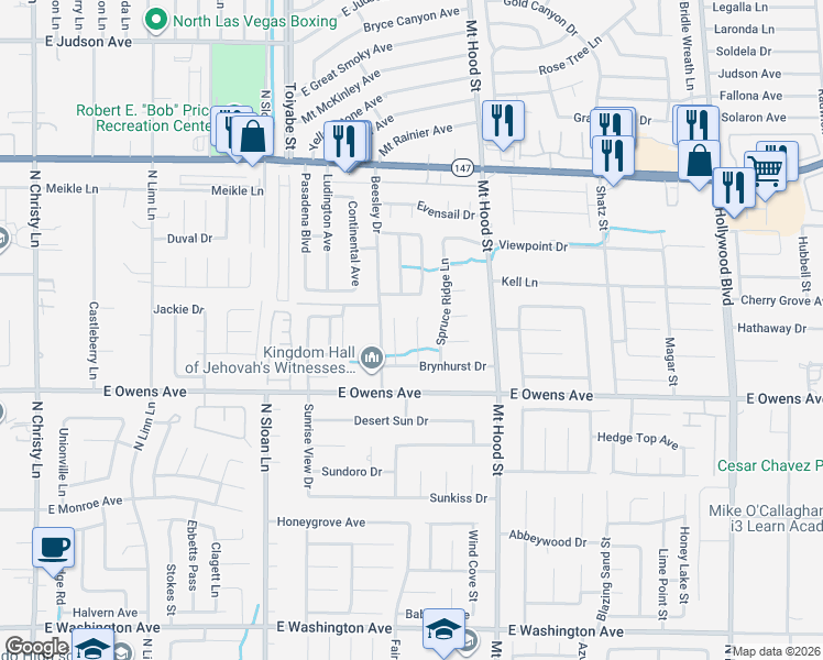 map of restaurants, bars, coffee shops, grocery stores, and more near 1713 Eddingham Ct in Las Vegas