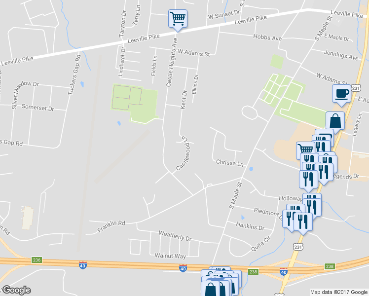map of restaurants, bars, coffee shops, grocery stores, and more near 122 Castlewood Ln in Lebanon