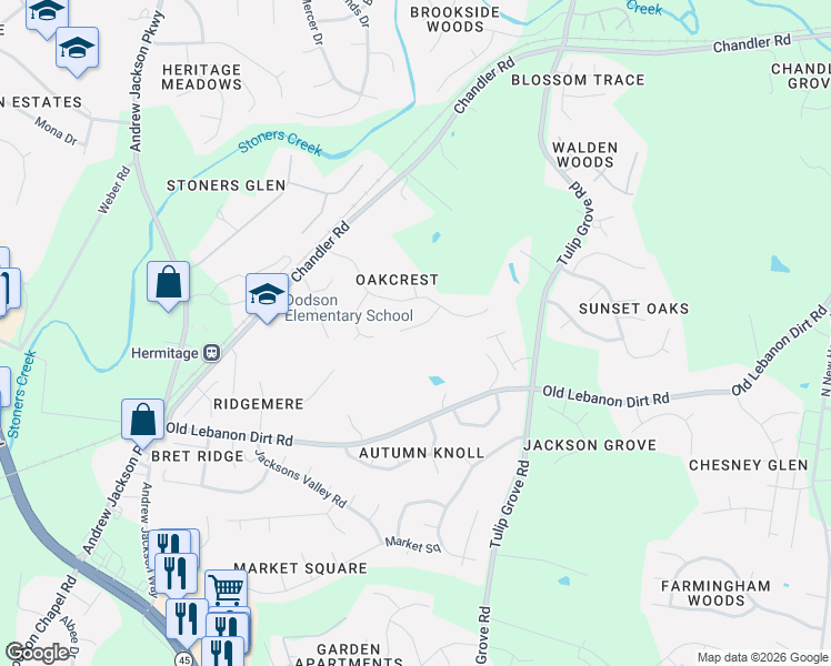 map of restaurants, bars, coffee shops, grocery stores, and more near 429 Old Oak Way in Nashville