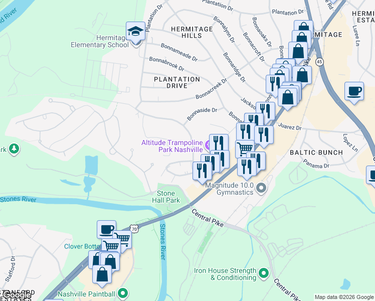 map of restaurants, bars, coffee shops, grocery stores, and more near 2003 Hickory Hill Lane in Nashville