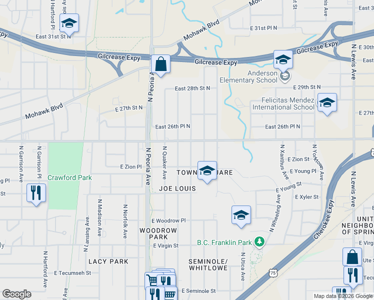 map of restaurants, bars, coffee shops, grocery stores, and more near 2521 North Quincy Avenue in Tulsa