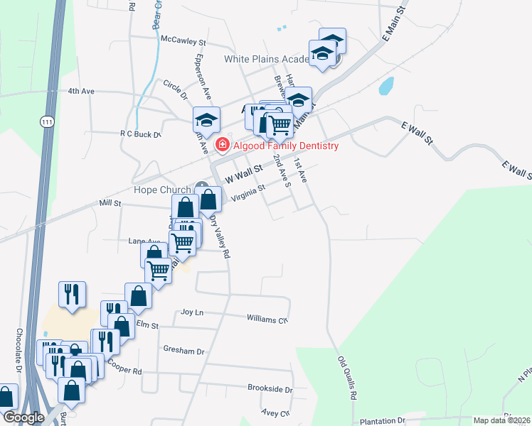 map of restaurants, bars, coffee shops, grocery stores, and more near 201 3rd Avenue in Cookeville
