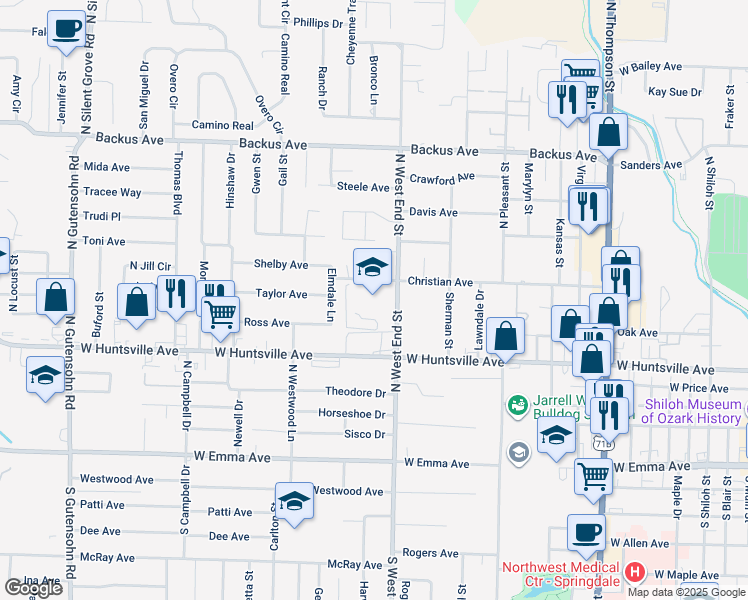 map of restaurants, bars, coffee shops, grocery stores, and more near 420 North West End Street in Springdale