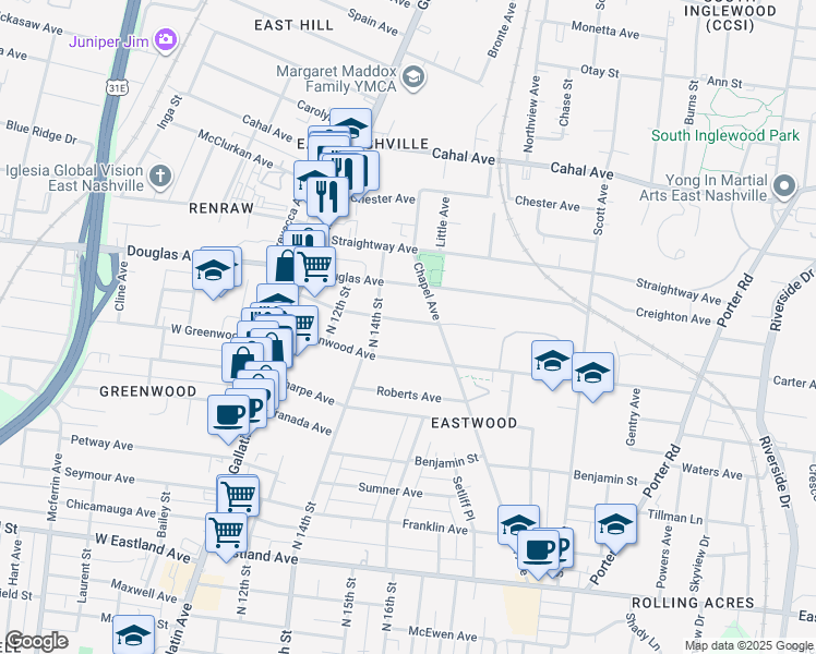 map of restaurants, bars, coffee shops, grocery stores, and more near 1414 McKennie Avenue in Nashville