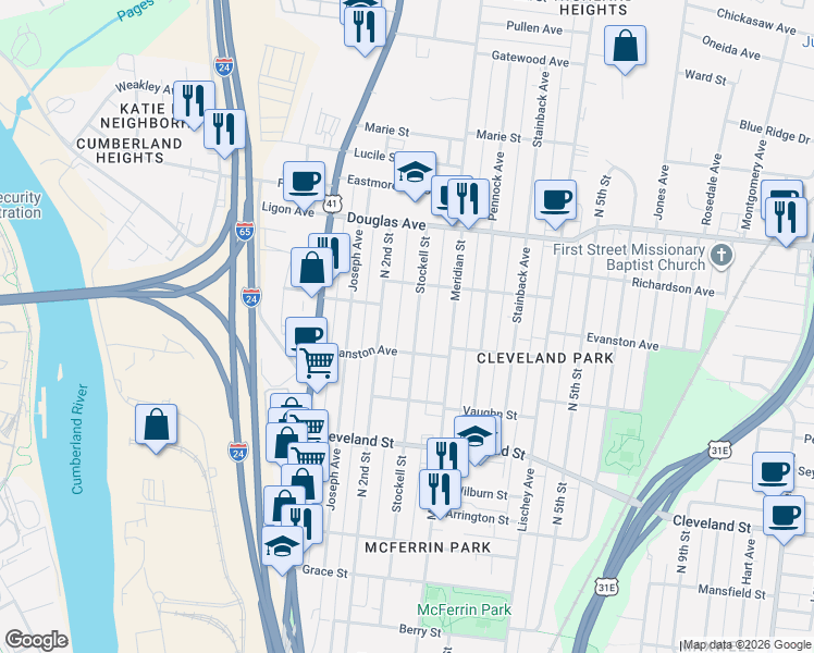 map of restaurants, bars, coffee shops, grocery stores, and more near 1106 Stockell Street in Nashville