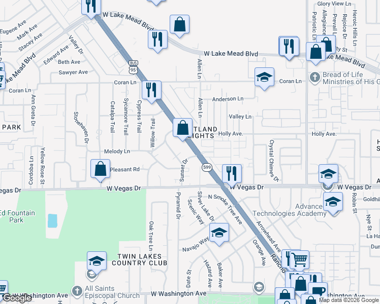map of restaurants, bars, coffee shops, grocery stores, and more near 1701 North Rancho Drive in Las Vegas