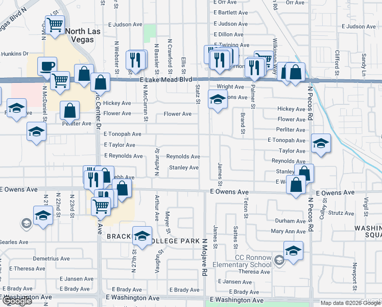 map of restaurants, bars, coffee shops, grocery stores, and more near 2837 Reynolds Avenue in North Las Vegas
