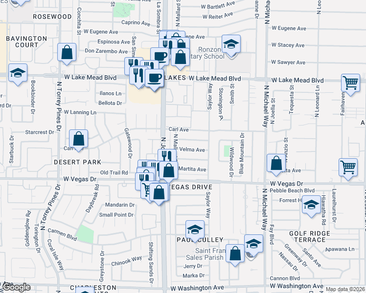 map of restaurants, bars, coffee shops, grocery stores, and more near 5917 Velma Avenue in Las Vegas