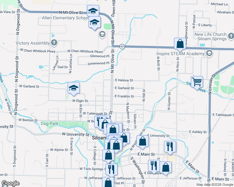 map of restaurants, bars, coffee shops, grocery stores, and more near 210 East Franklin Street in Siloam Springs