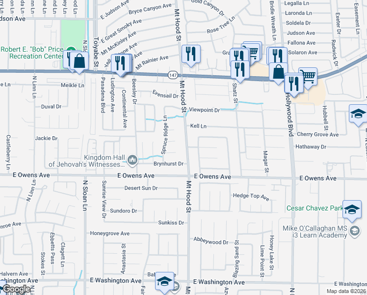 map of restaurants, bars, coffee shops, grocery stores, and more near 1685 Mount Hood Street in Las Vegas