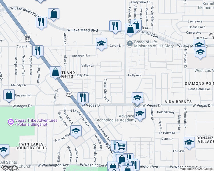 map of restaurants, bars, coffee shops, grocery stores, and more near 1801 Crystal Chimes Drive in Las Vegas