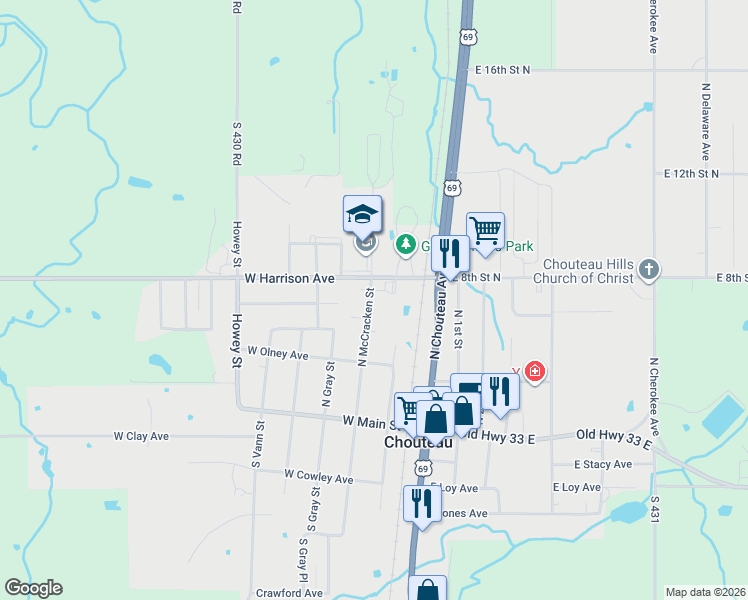 map of restaurants, bars, coffee shops, grocery stores, and more near 308 North McCracken Street in Chouteau
