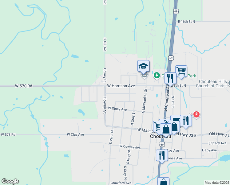map of restaurants, bars, coffee shops, grocery stores, and more near 503 West Muskogee Avenue in Chouteau
