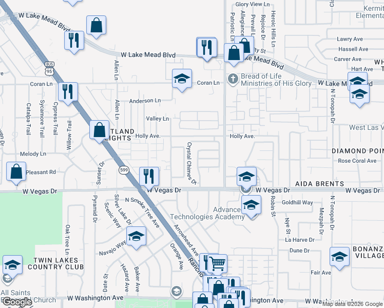 map of restaurants, bars, coffee shops, grocery stores, and more near 1801 Crystal Chimes Drive in Las Vegas