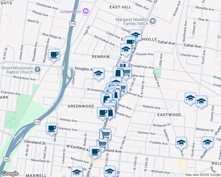 map of restaurants, bars, coffee shops, grocery stores, and more near 1044 West Greenwood Avenue in Nashville