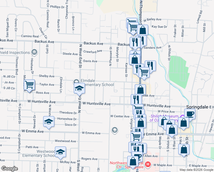 map of restaurants, bars, coffee shops, grocery stores, and more near 701 Union Drive in Springdale