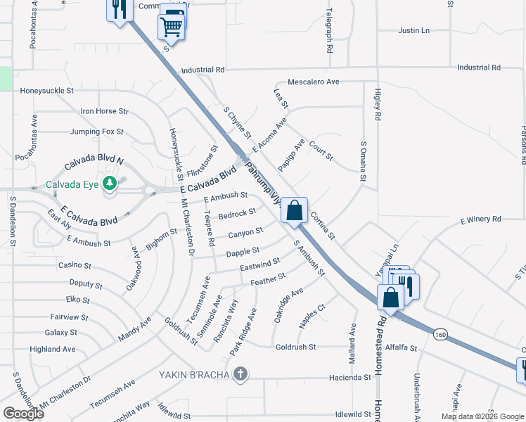 map of restaurants, bars, coffee shops, grocery stores, and more near 2660 Canyon Street in Pahrump