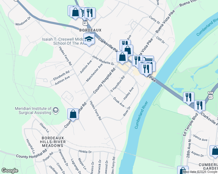 map of restaurants, bars, coffee shops, grocery stores, and more near 3201 Doak Avenue in Nashville