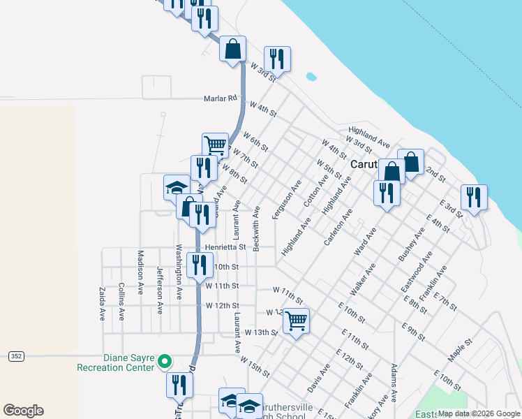 map of restaurants, bars, coffee shops, grocery stores, and more near 804 Ferguson Avenue in Caruthersville