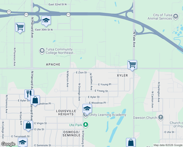 map of restaurants, bars, coffee shops, grocery stores, and more near 2457 North Quebec Avenue in Tulsa