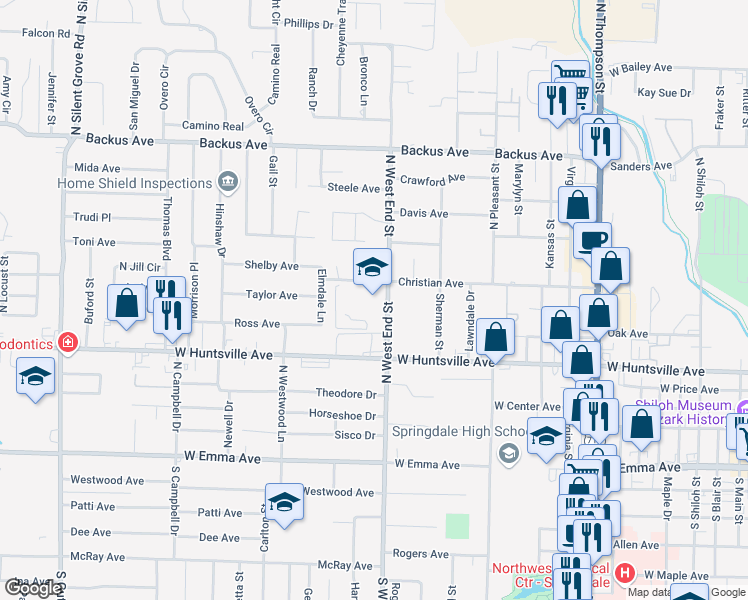 map of restaurants, bars, coffee shops, grocery stores, and more near 420 North West End Street in Springdale