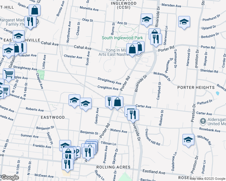 map of restaurants, bars, coffee shops, grocery stores, and more near 105 Creighton Avenue in Nashville