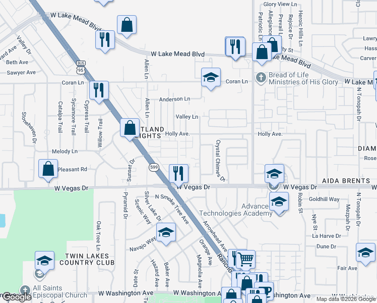 map of restaurants, bars, coffee shops, grocery stores, and more near 3419 Amethyst Glen Court in Las Vegas
