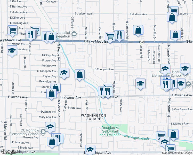map of restaurants, bars, coffee shops, grocery stores, and more near 3778 East Pecan Lane in Las Vegas