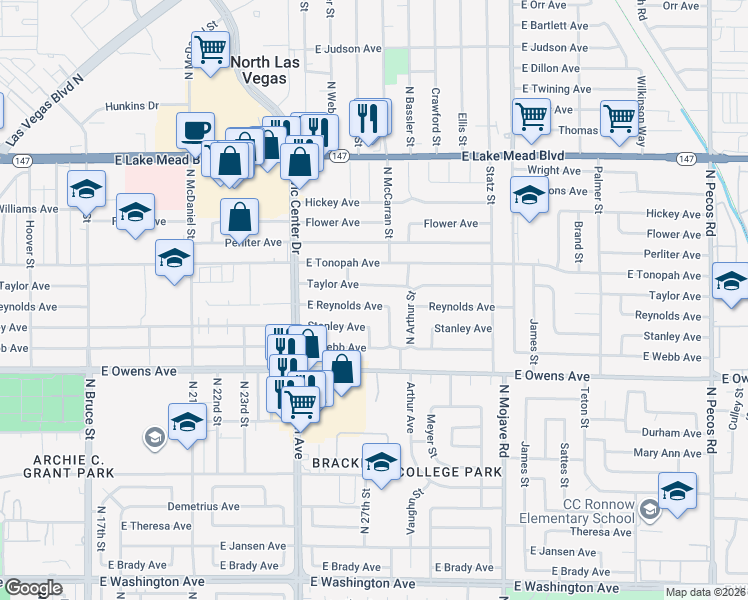 map of restaurants, bars, coffee shops, grocery stores, and more near 2617 Reynolds Avenue in North Las Vegas